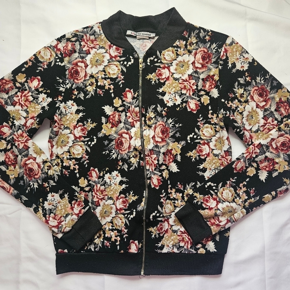 Love is Sweet Womens Black And Floral Lightweight Bomber Jacket Size Small